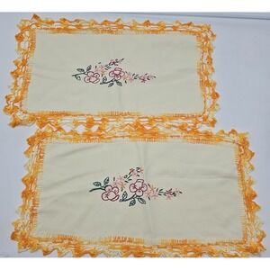 Vintage Table Topper Pure Irish Linen Lace Floral Embroidery‎ Doily Placements